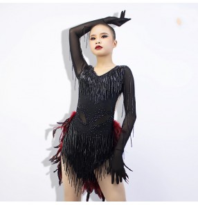 Custom size black with red feather competition latin dance dresses for female kids girls professional Latin ballroom dance competition costumes for woman